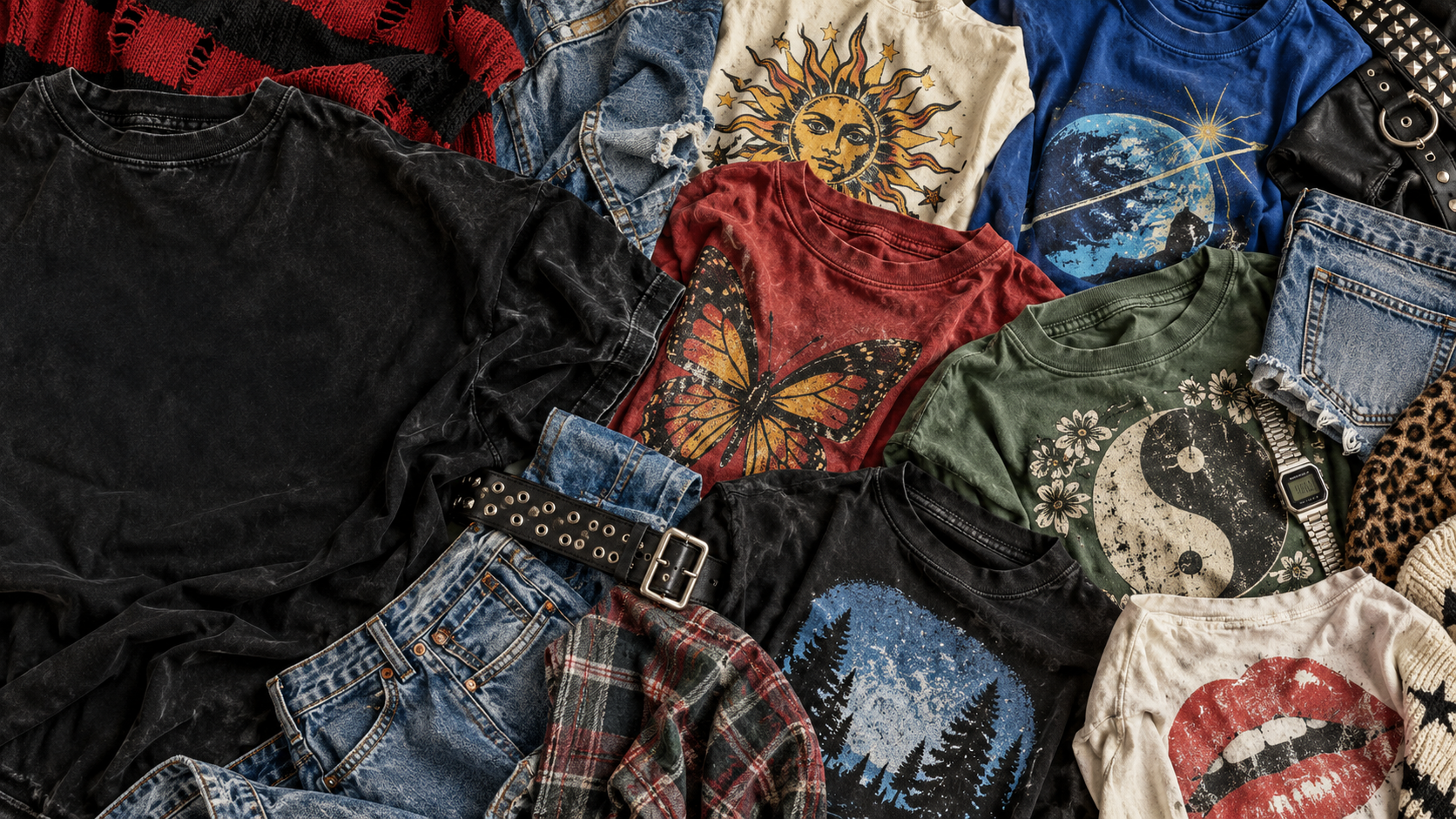 A colorful arrangement of vintage graphic shirts, denim and accessories